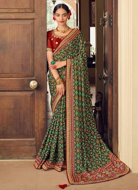Green KAVIRA SAYONEE PATOLA Heavy Wedding Wear Chinon Printed Designer Saree Collection 501